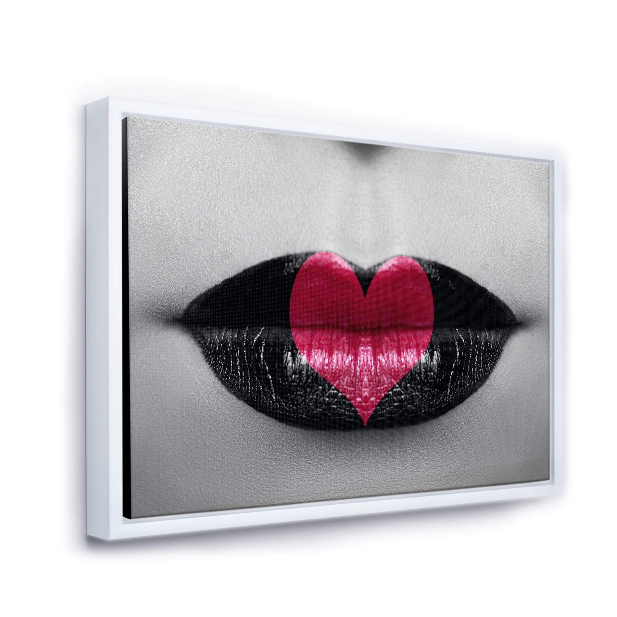 Designart 'Red Heart In Monochrome Lips' Modern Framed Canvas Wall Art Print