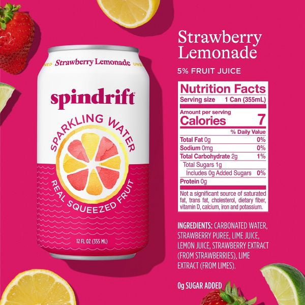 Spindrift Sparkling Water, Strawberry Lemonade, Made with Real Squeezed Fruit, 12 fl oz, 8 Count, No Sugar Added, 7 Calories per Can