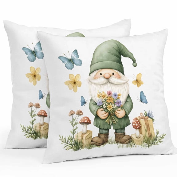 Spring Green Gnomes Waterproof Outdoor Throw Pillow Covers 16''x16'' Pack 2, Pillow Cases Throw Cushion Cover with Zipper, Mushroom Gift Botanical Washable Pillowcase for Poolside Sofa