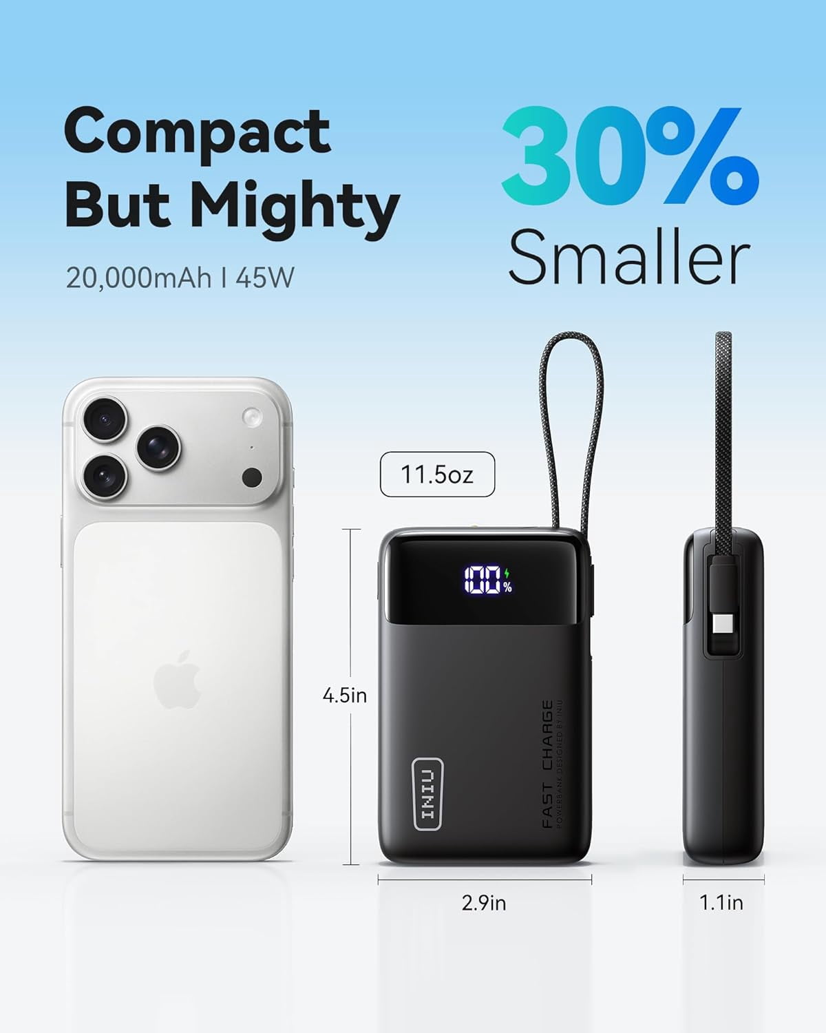 20000mAh Power Bank, Sm Portable Charger, 45W PD Fast Charging Battery Pack with Build in USB-C Cable, Travel Phone Charger for iPhone 17 16 15 14 13 Air S25 S24 Google iPad Xiaomi etc