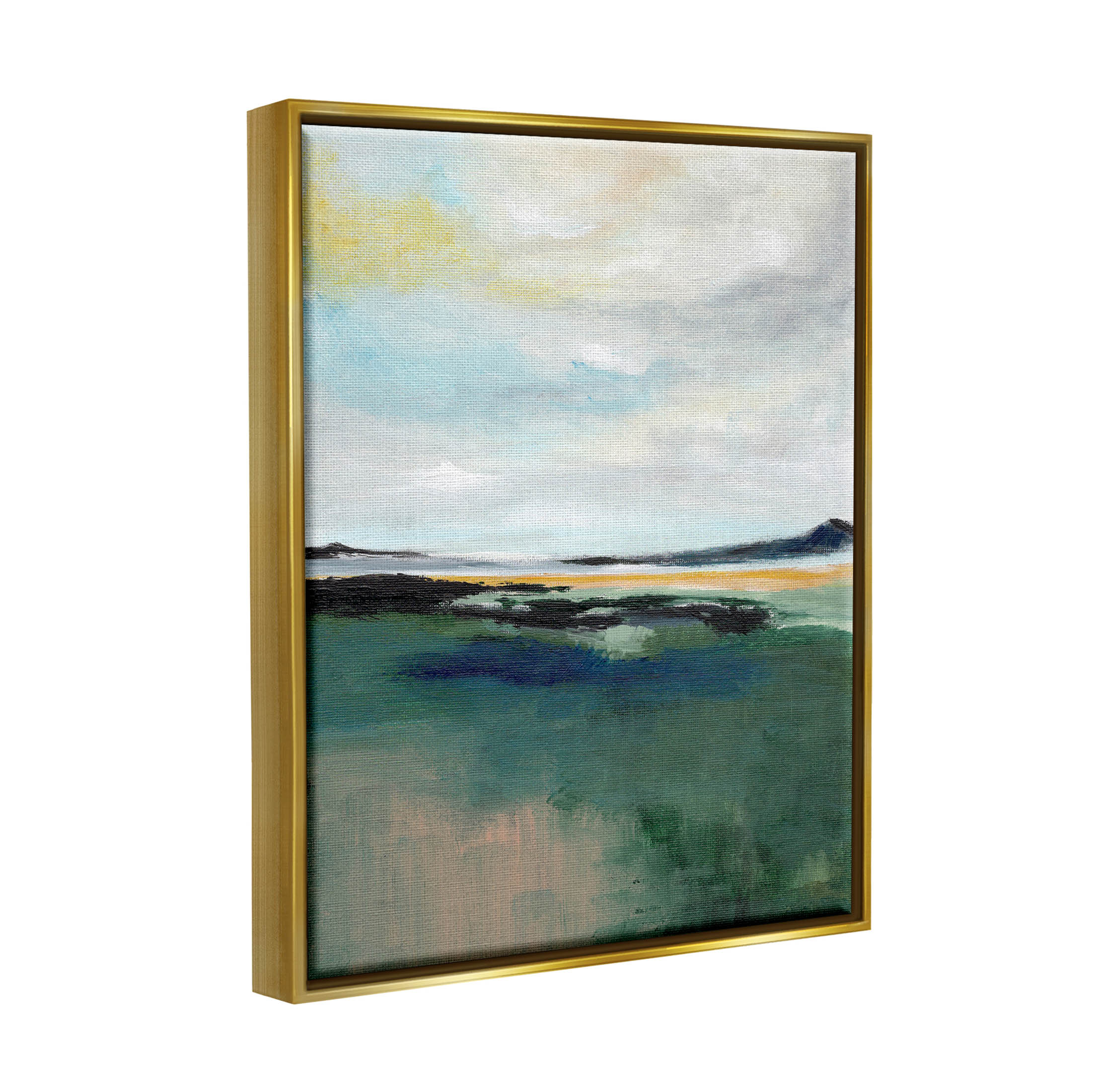 Stupell Industries Modern Cloudy Distant Beach Shore Painting Metallic Gold Floating Framed Canvas Print Wall Art, Design by Nikita Jariwala