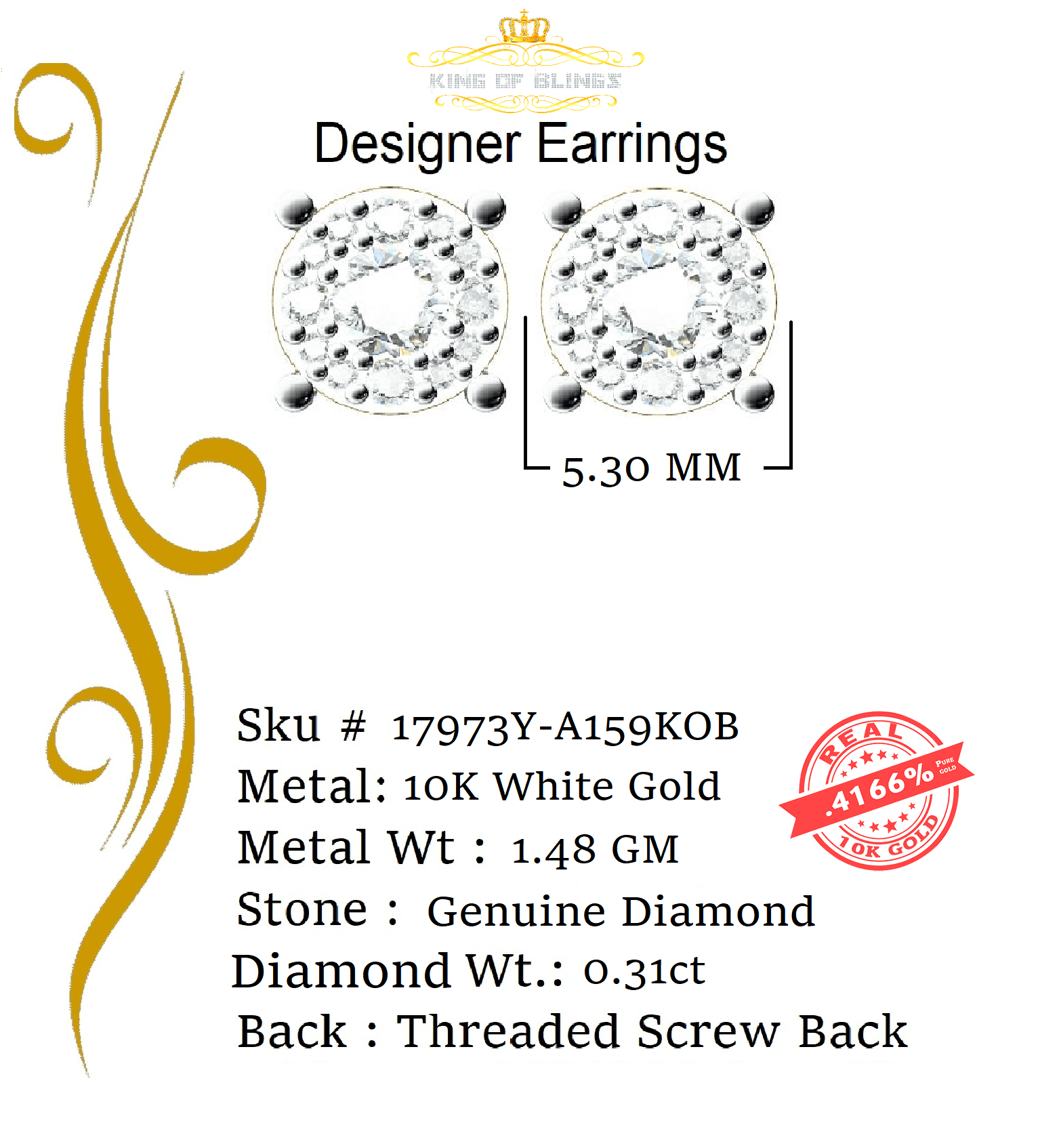 King of Bling's 10K Real Yellow Gold with 0.31CT Real Diamond Men's/Women's Stud Round Earrings