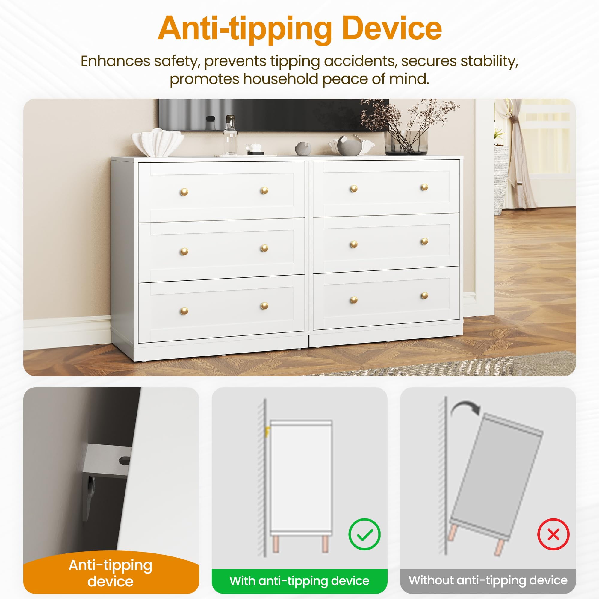 Heynemo Wood 3 Drawer Dresser, White Chest of Drawers with Gold Dresser Knobs, Modern Wide Dresser for Bedroom, Hallway, Entryway, Closets, Living Room