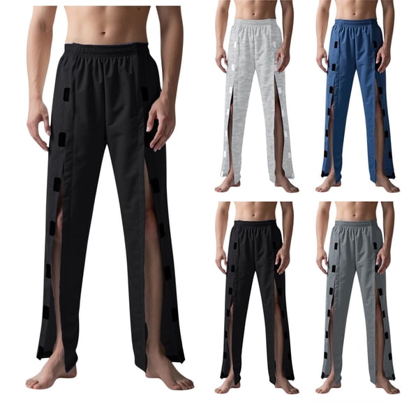 Teyfeniy Black Men's Tear Away Pants Breathable for Patients Front Open Sweatpants Loose Casual Pants with Pockets Breakaway Recovery Pants