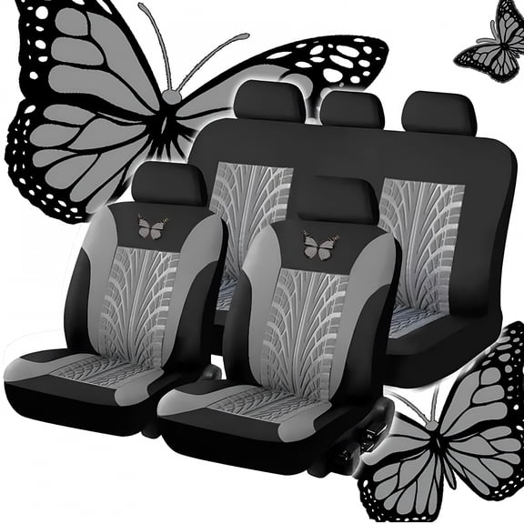 LAMIRO Universal 5-Seater Car Seat Covers - Embroidered Breathable Fabric Protectors with Non-Slip Design - Butterfly Pattern, 9-Piece Set