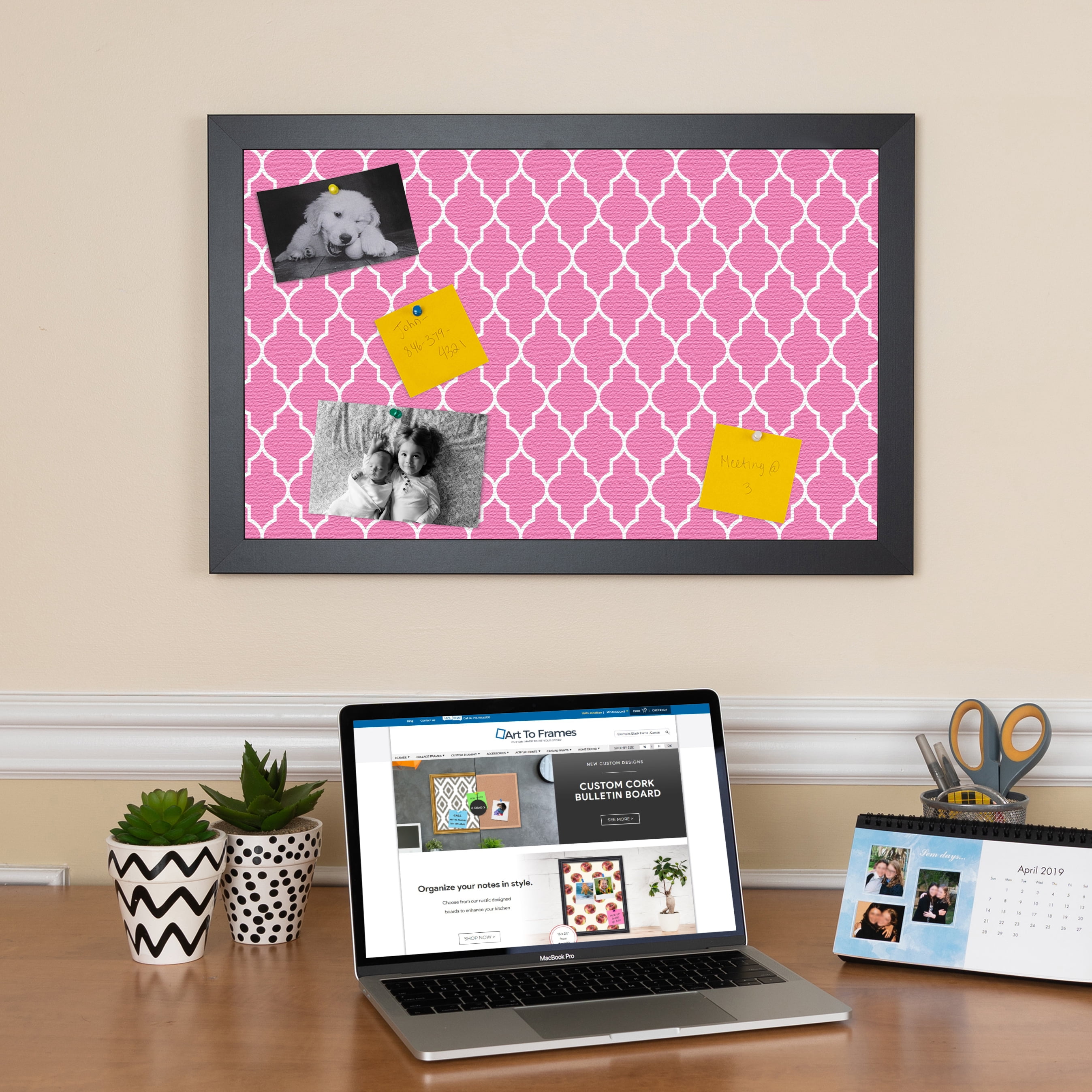 PinPix 12x12 Custom Cork Bulletin Board Quatrefoil Pink Poster Board Has a Fabric Style Canvas Finish, Framed in Quatrefoil Pink, by ArtToFrames (PinPix-283)