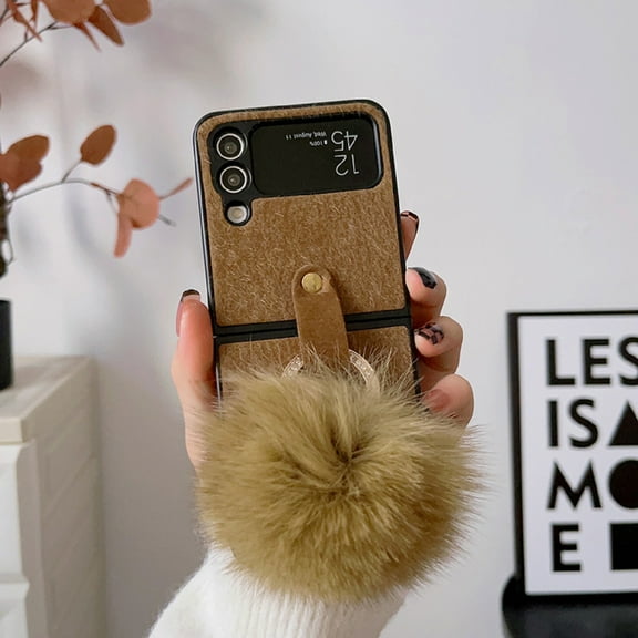 Nalacover Plush Cute Case for Samsung Galaxy Z Flip4, Warm Fluffy Design Cold Weather Winter Autumn Diamond Metal Ring Shining Case Rugged PC Bumper Shockproof Lens Protective Slim Fit Case,Brown