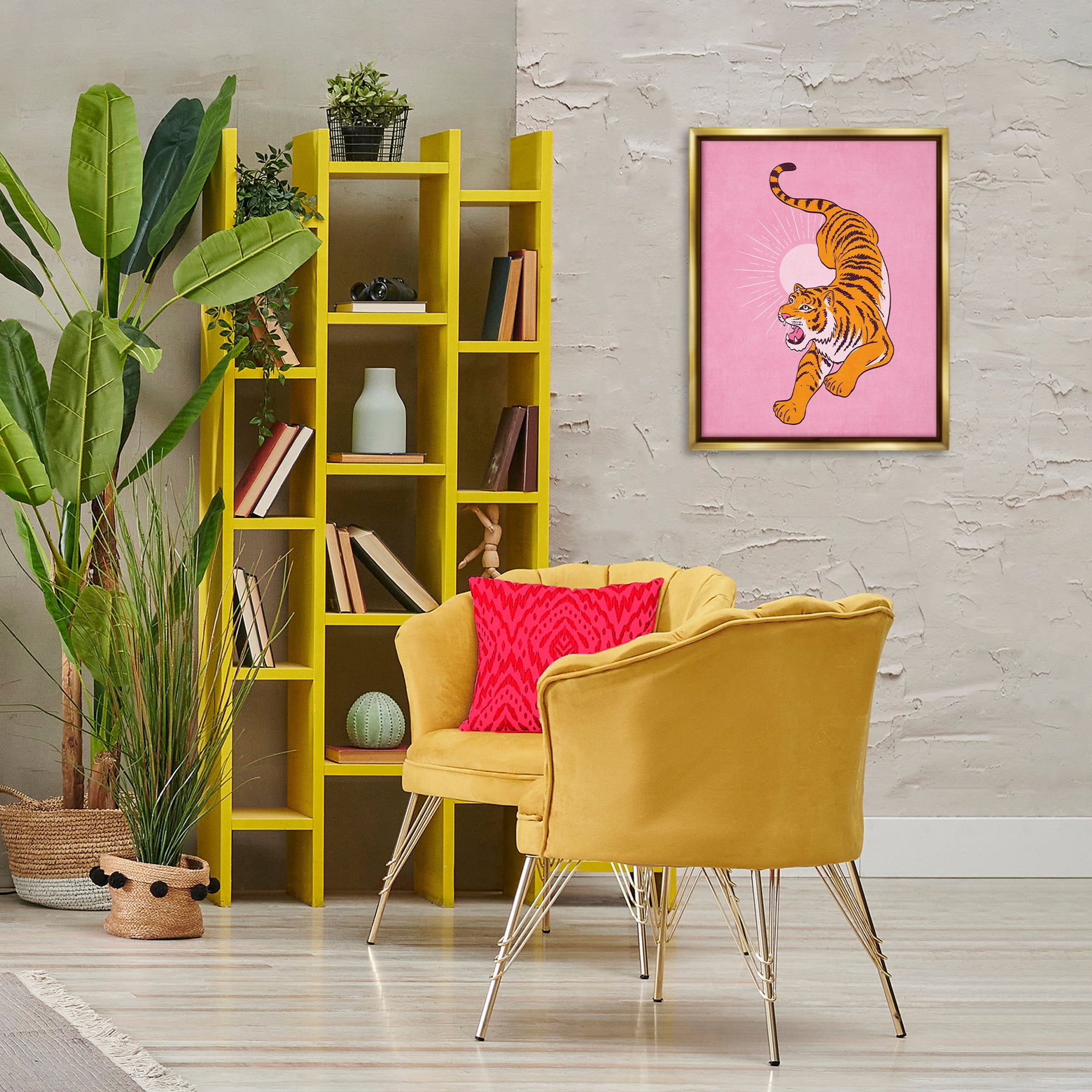 Stupell Industries Preppy Roaring Tiger Animals Painting Gold Floater Framed Canvas Art Print Wall Art, 17 x 21