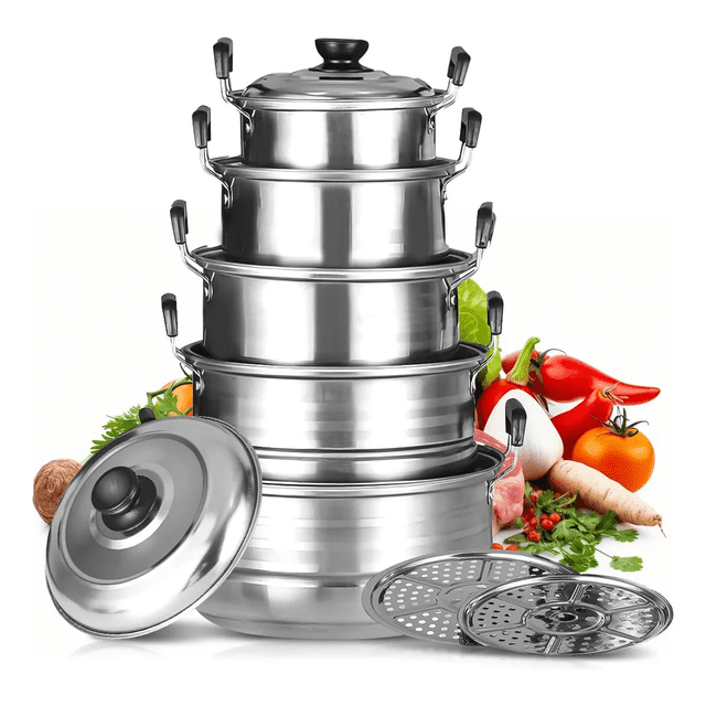 Juego De Ollas Gruesas De Cinco Piezas Con Bandeja Para Cocina Malubero Plateado