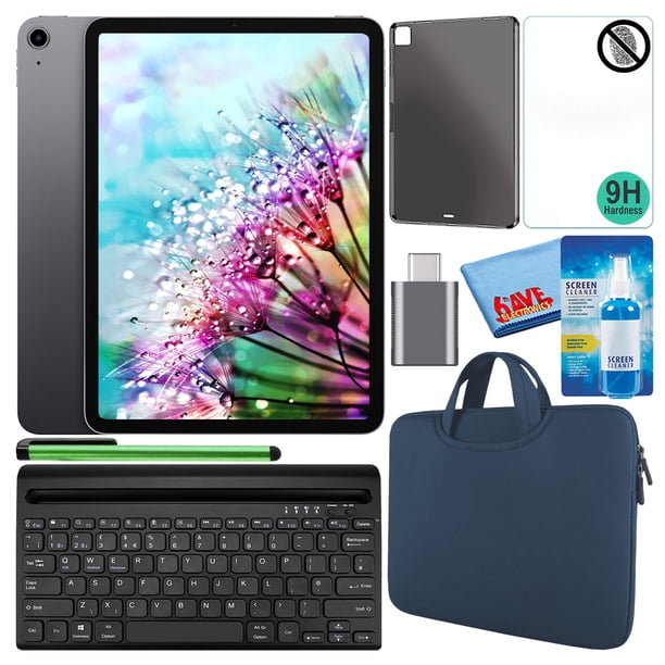 Apple iPad Air de 10,9" (2020, 256 GB, Wi-Fi/Celular, gris espacial) (MYJ32LL/A) Paquete con funda con cremallera azul + protector de pantalla + funda de TPU + teclado + limpiador LCD