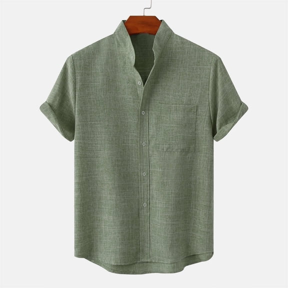 TIHLMK Mens Blouses & Button-down Shirts, Mens Tops Men's Round Neck Pocket Button Solid Cotton Linen Short Sleeve Shirt