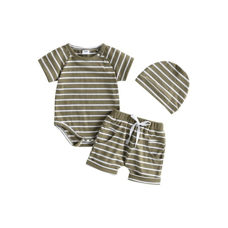 

Baby Boys Clothes Summer Outfit Striped Short Sleeve Jumpsuit Romper + Elastic Shorts + Hat 3Pcs Casual Clothing Set