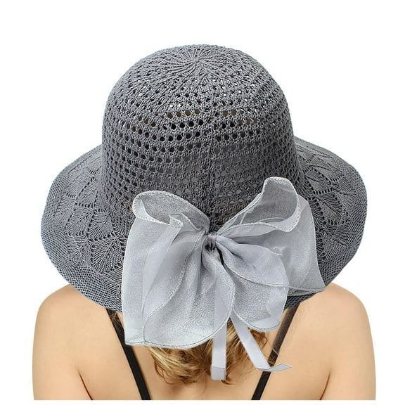AWZXDE Women's Solid Knit Lace Sun Hat with Bow, Foldable Wide Brim Beach Hat for Travel Grey,One Size
