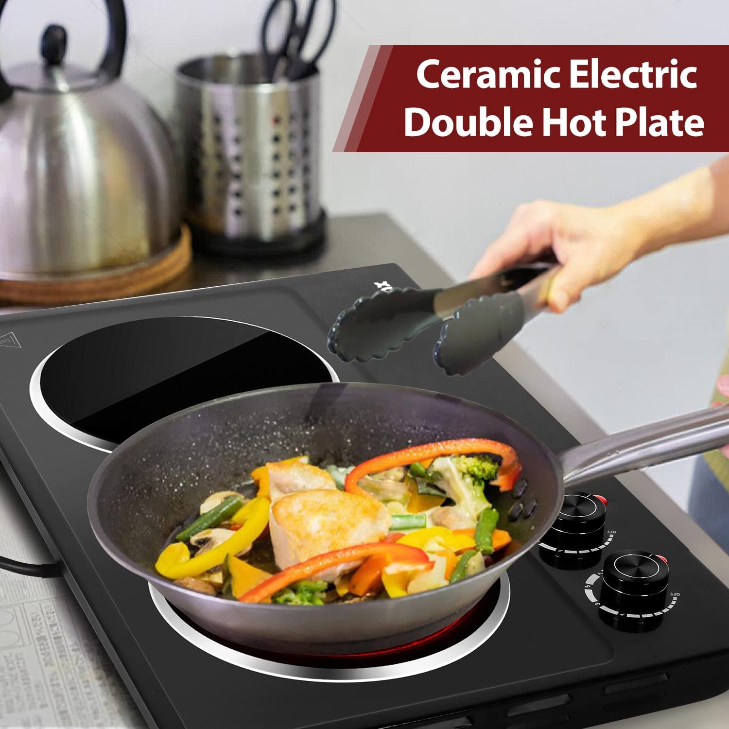 CUSIMAX 1800W Ceramic Electric Double Burner, Dual Control Infrared Cooktop, Portable, Glass Plate, Stainless Steel, Black.