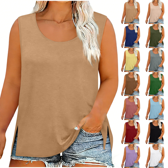 Plus Size Tank Tops for Women Casual Loose Fit Sleeveless Solid Color Trendy Crewneck Summer Camisole Tops
