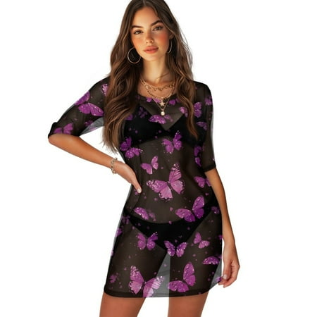 FKELYI Vintage Purple Butterfly Print Women Cover Ups for Summer Round Neck Cover-Up Breathable Beachwear Flowy Swim Bikini Cover Up Half Sleeve Resort Wear for Lady Teen Girls  L