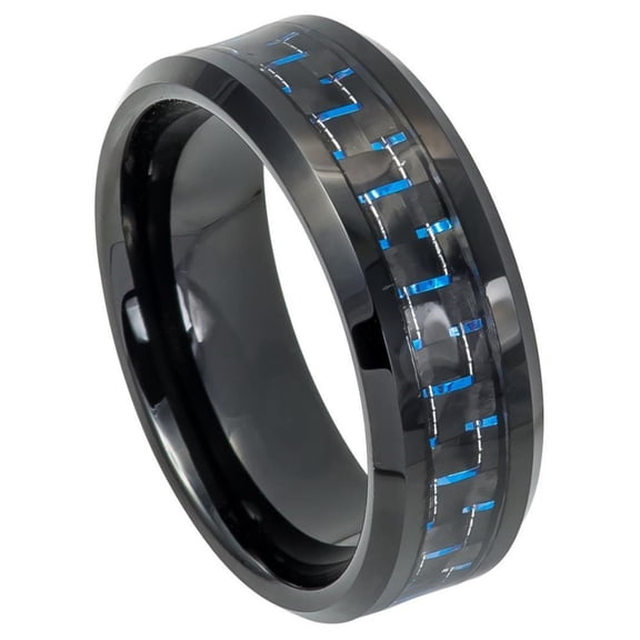 Custom Personalized Engraving Wedding Band Ring Set for Him & Her - 8mm Beveled Edge Black IP Plated with Blue & Black Carbon Fiber Inlay