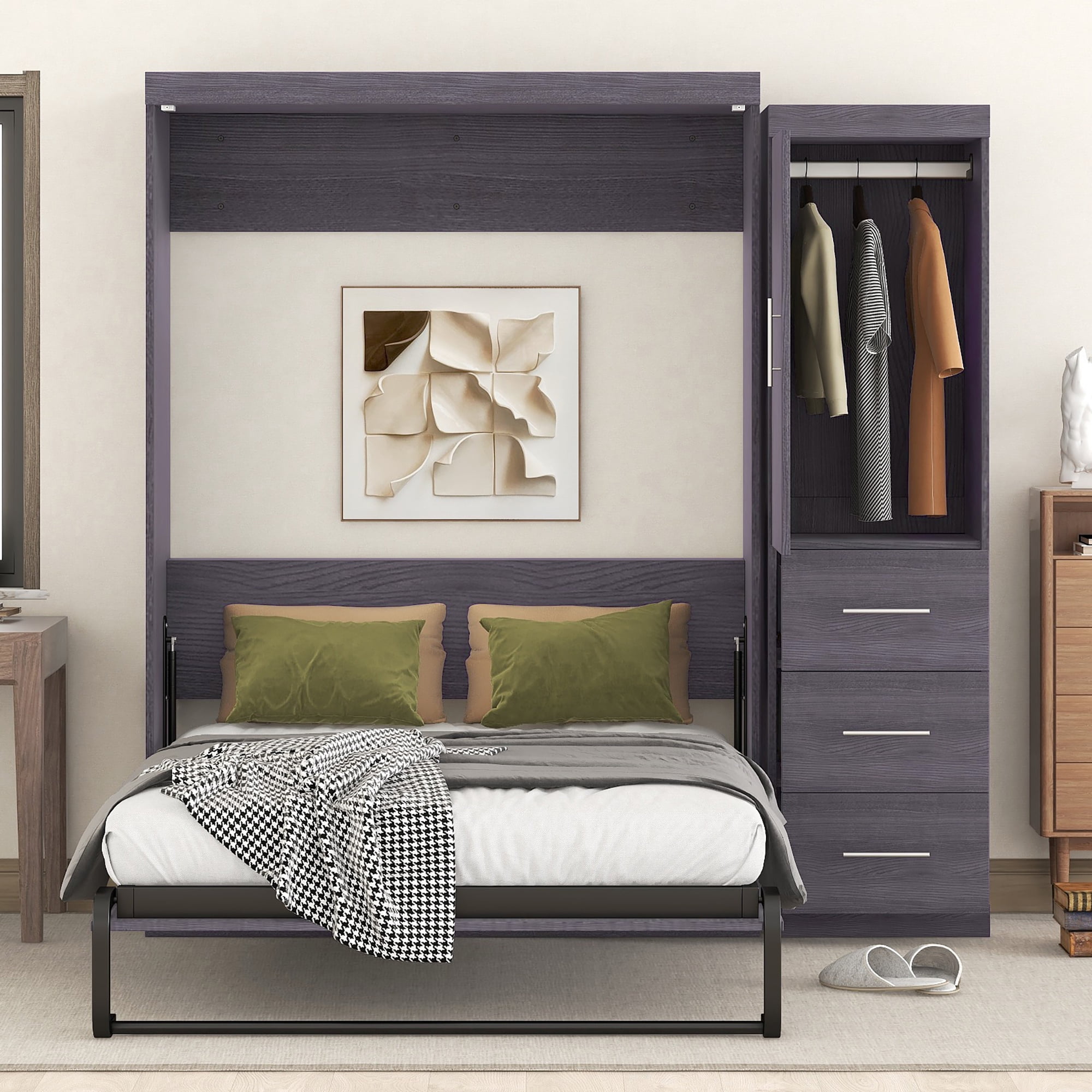 Euroco Wood Full Size Murphy Wall Bed with Wardrobe and Drawers for Living Room, Moveable Wardrobe and Drawers, Space-Saving & Easy Open and Close, Gray
