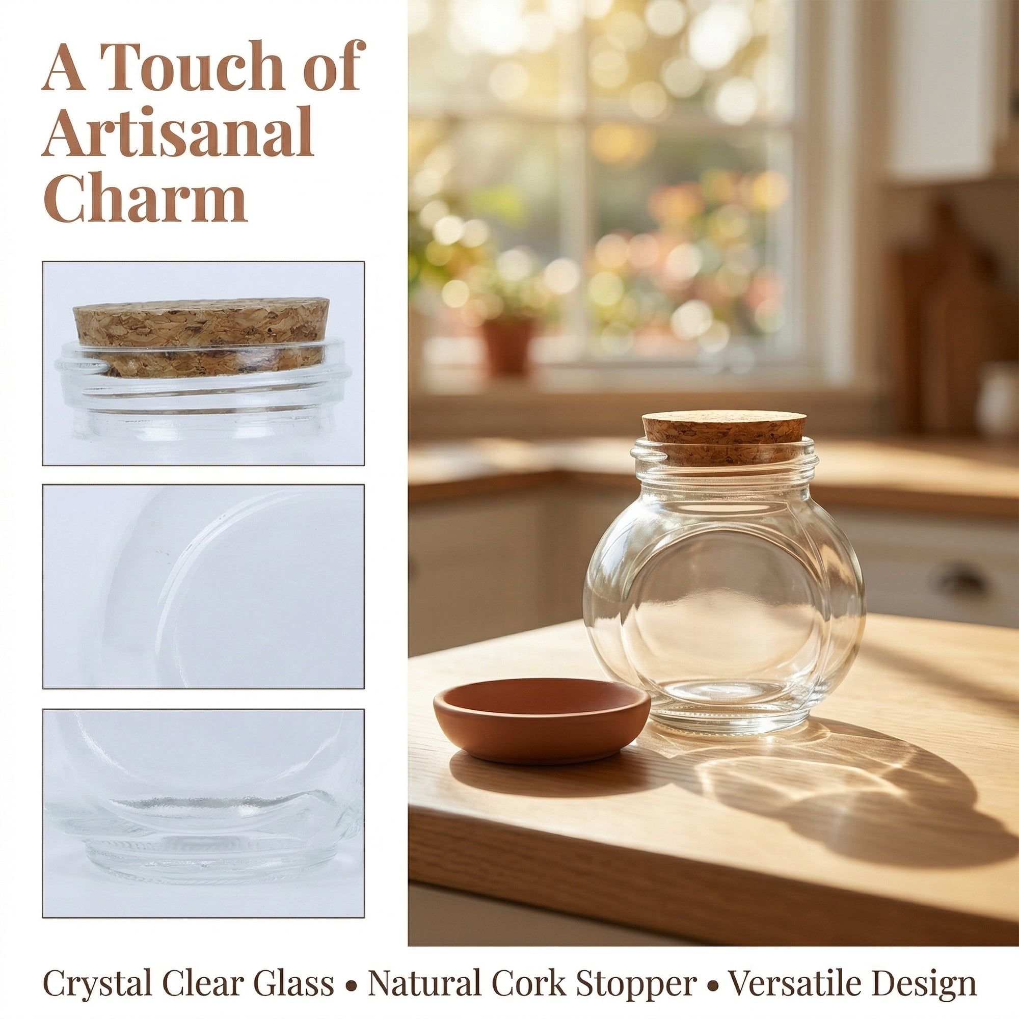Unique Bargains 2pcs Glass Jars With Cork Stoppers Round Bottle 8cm x 8cm x 8.8cm