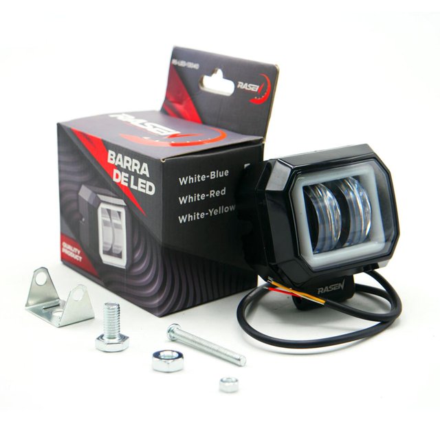 Faro Para Moto Rasen Led Cuadrado Mini 2 Led Con Lupa Luz Blanca Fija Y Con Estrobo Opcional Y Contorno amarillo