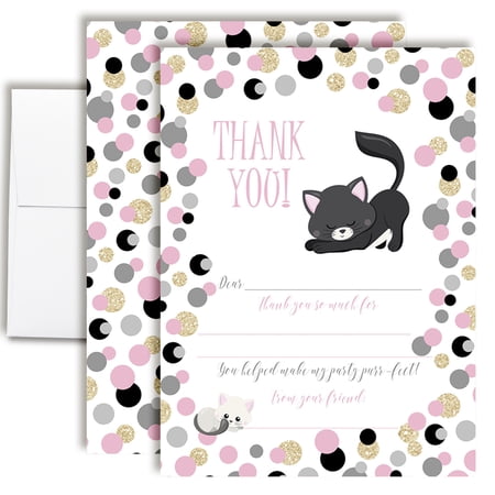 Polka Dot Kitty Cat Birthday Thank You Cards for Kids – 10 Cards with Envelopes – 4.5x5 Fill In the Blank Thank You Notes, Kids Birthday Party Stationery by Amanda Creation