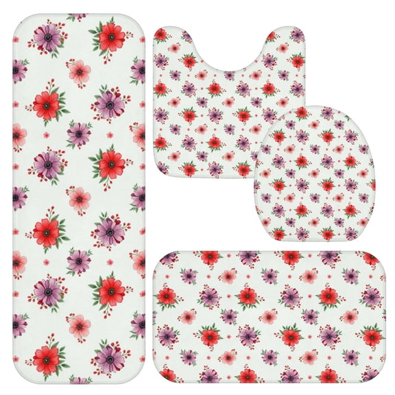 Pioneer Flower Floral Print Pattern Bathroom Rug Set 4 Piece,Includes Contour,Lid Cover,Bath Mat,Non-Slip Extra Soft Absorbent Washable