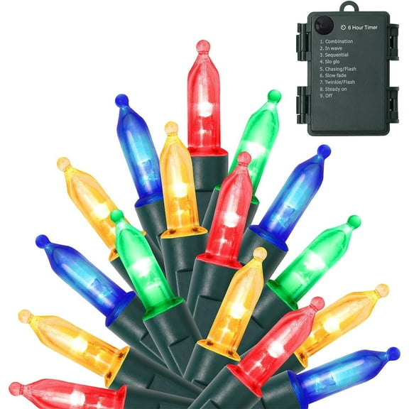 50 LED Outdoor Christmas Lights, 16 FT Battery Operated Mini String Lights with 8 Modes & Timer, Xmas Tree Lights Waterproof for Patio Garden Party Wedding Holiday Decor, Multicolor