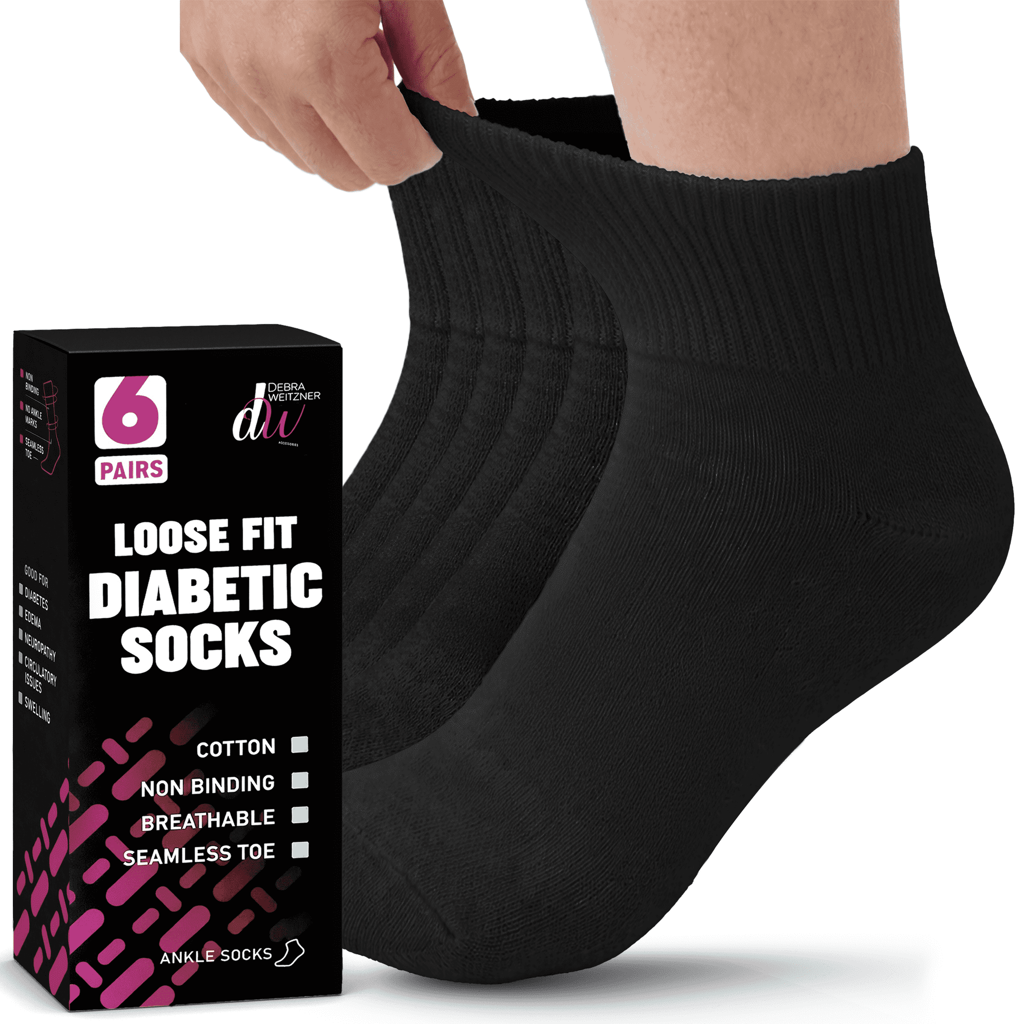 Debra Weitzner Diabetic Ankle Socks Mens Womens Non-binding Socks Loose Fit, 9/11 Black 6 Pairs