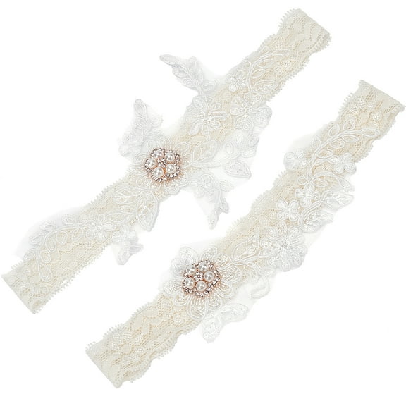 1set Lace Elastic Bridal Garters with Rhinestone & Peal and Flower Pattern Wedding Garment Accessories Floral White 3/4 inch(20mm)~3-1/8 inch(78mm) 2pcs/set