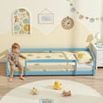 thumbnail image 2 of Full Size Floor Bed Frame with 2 Openings, Wooden Low Montessori Bed with Safe Guardrails for Boys Girls, Sky, 2 of 8