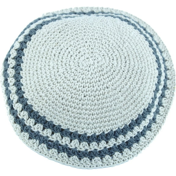 Holy Land Market Beige/Dark Grey 17cm DMC 100% Knitted Cotton Kippah Torah Chabad CapJewish