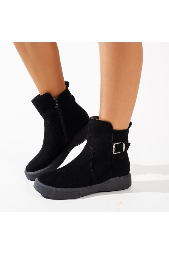 Women's Fashion Casual Ankle Boots for Spring/Fall Solid Color Contrast Round Toe with Buckle Detail and Side Zipper Flat Sole Slip-Ons for Everyday Wear