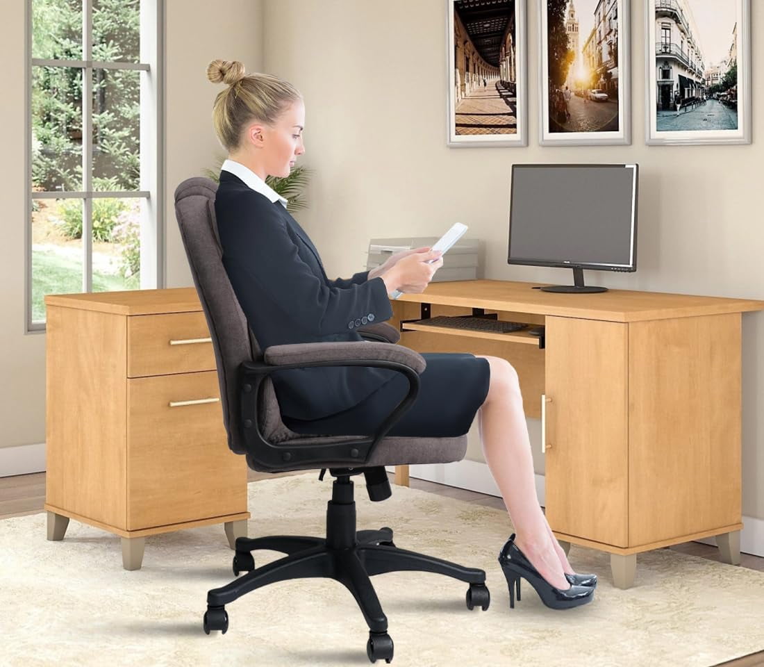 CLATINA Brown Ergonomic Cloth Office Chair Fabric with Arms and Wheels, Upholstered Swivel Rolling Adjustable Height Thicked Padding Home Desk Chairs Mid Back, 350 LBS