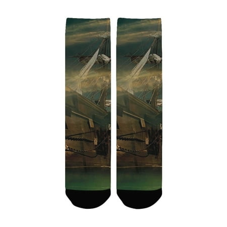 

Fantasy A Phantasmagoric Old Ship Sailing on Calm Sea Misty Weather Marine Theme Green Brown Dark Bl Women s Custom Socks (Made In USA)