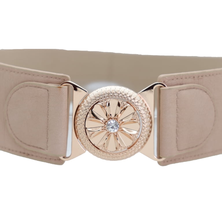 Women Beige Elastic Fashion Belt Gold Metal Flower Buckle  display picture 1