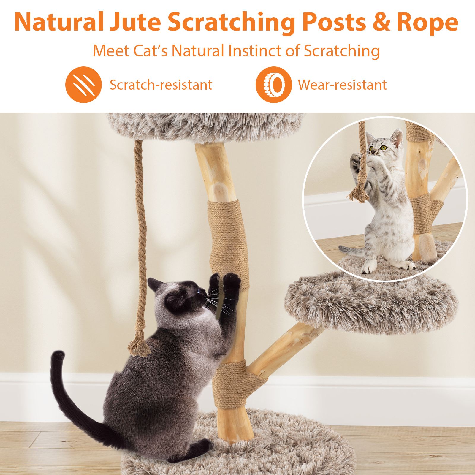 Gymax Solid Wood Cat Tower Modern Cat Scratching Tree w/Luxurious Perch Teasing Rope