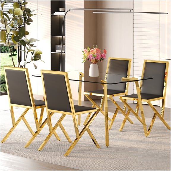 JERFIT 4-Piece Dining Set, Modern Glass Table and PU Leather Chairs with Gold Metal Legs, Light Luxury Kitchen Table Set for 4, Small Space Dining Room Furniture