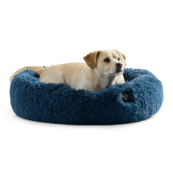 NICOLE MILLER NEW YORK PET Ellie Fuzzy Solid Donut Pet Bed, Plush, Cozy & Calming, Water Repellent, Non-Slip Bottom, 100% Machine Washable, Blue, Medium 28"x28"x7" Round