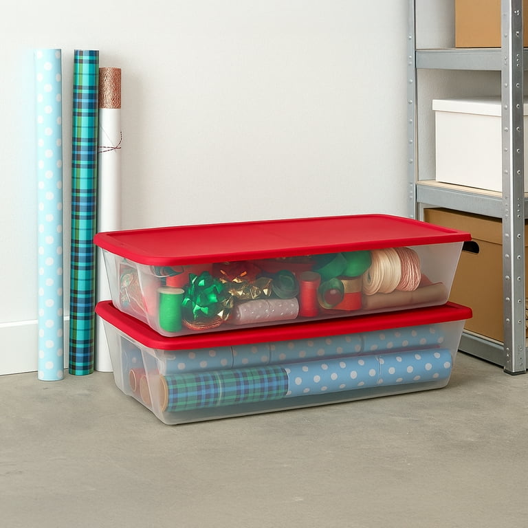 Homz, Holiday Storage Container, 41 Quart, Clear Plastic with Red