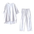 thumbnail image 6 of Outfmvch summer linen sets for women Women's Linen 2 Piece Outfits Linen 2 Piece Set for Women Matching Lounge Sets Womens Pajama Sets 2 Piece Sleepwear Wide Leg Trousers Suit Roll Sleeve White 4XL, 6 of 7