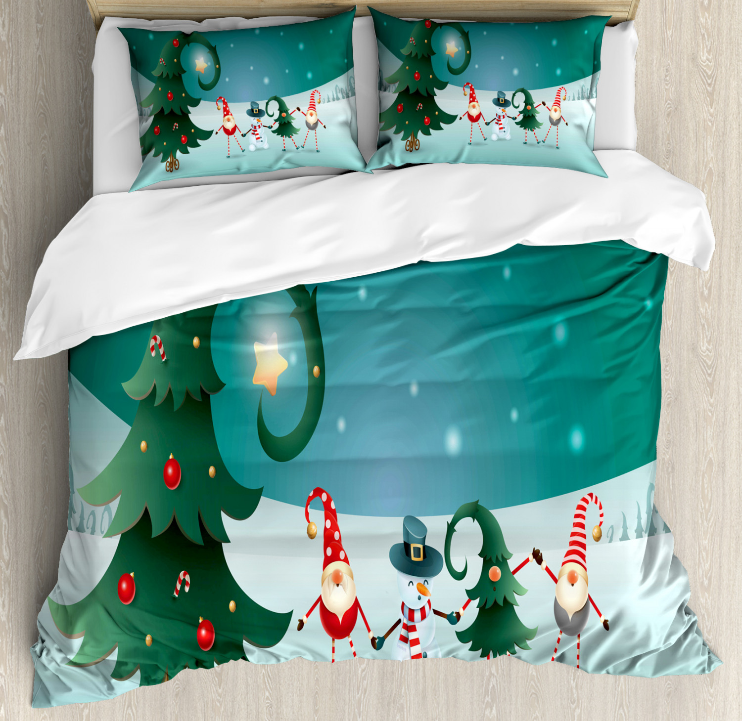 Elf Duvet Cover Set King Size, Friendly Holiday Celebration Theme Winter Scene Christmas with 