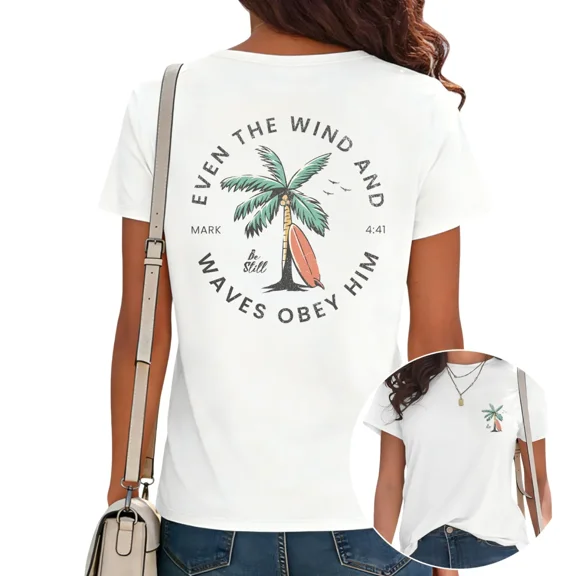 UNISHE Womens Casual Scripture Verse Graphic T-Shirt Be Still Ocean Surf Crewneck Tee White, S