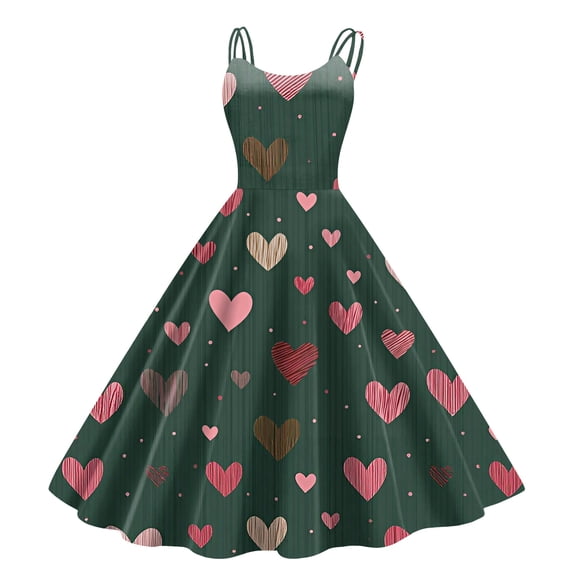 Valentines Day Cocktail Women's Dress Vintage Sleeveless Heart Print Swing A Line Dress Navy M