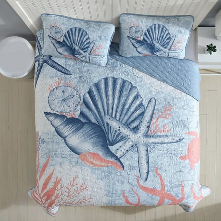 Caribbean Joe Coastal 3PC Quilt Set Coral Turtle - Full - Queen