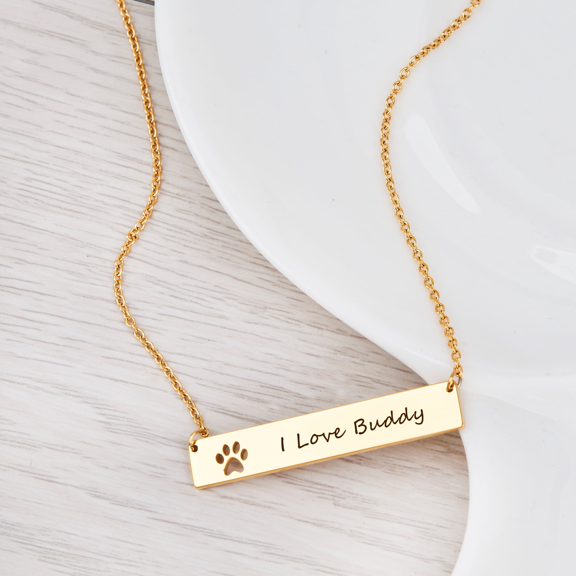 Personalized Gold Paw Print Bar Necklace Birthday Day Gift for Mom Stainless Steel Name Jewelry