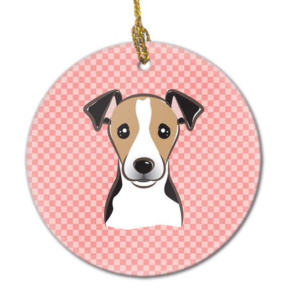 Carolines Treasures BB1261CO1 Checkerboard Pink Jack Russell Terrier Ceramic Ornament  3 in multicolor