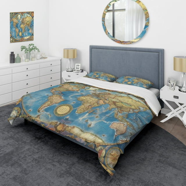 Designart "Antique Map of the World II" Maps Bedding Covert Set - World Map Blue Map Bed Set With 2 Shams