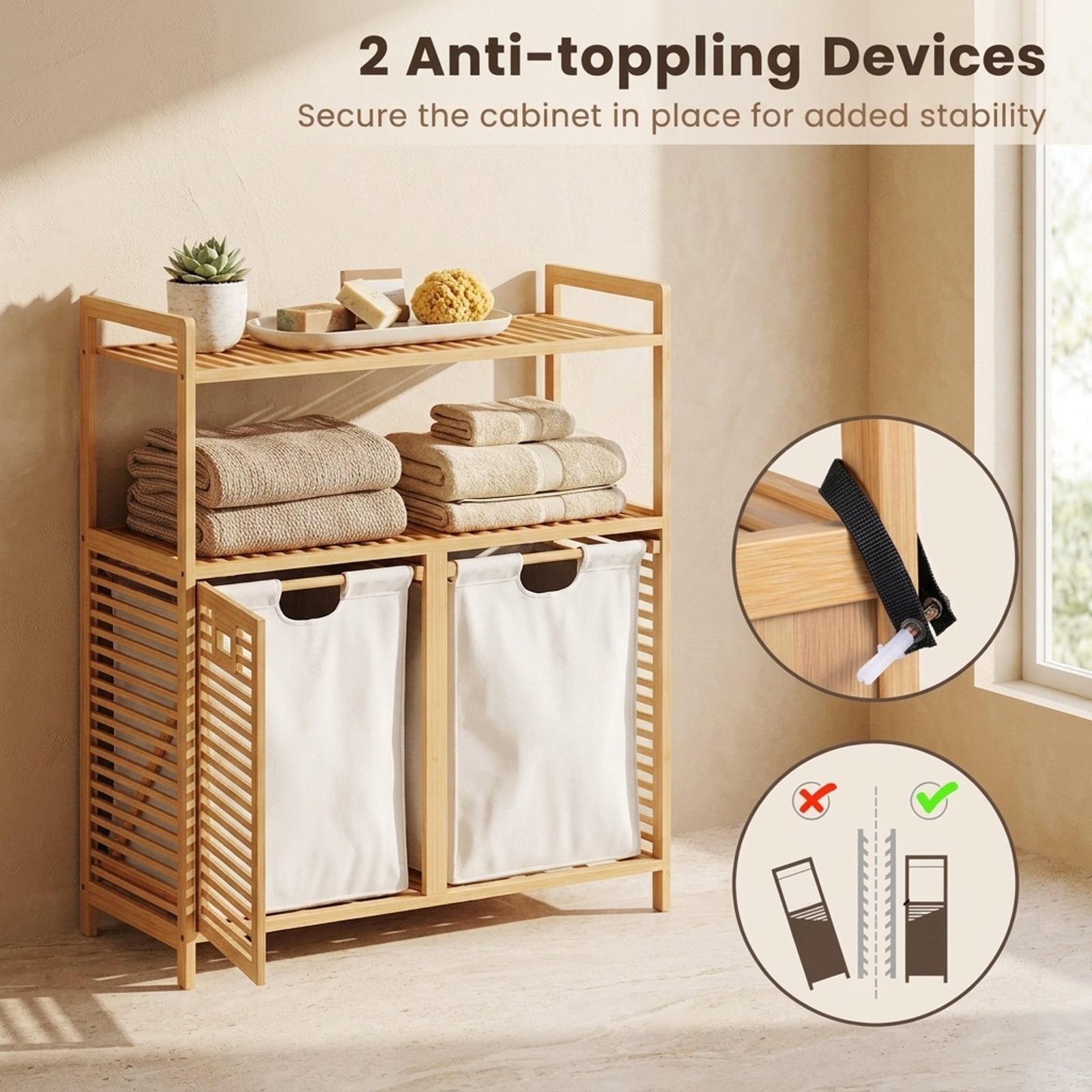 Vebreda Laundry Hamper with 2 Removable 7-Gallon Baskets, Double Tilt-Out Laundry Hamper Cabinet with 2 Open Shelves, Natural Bamboo