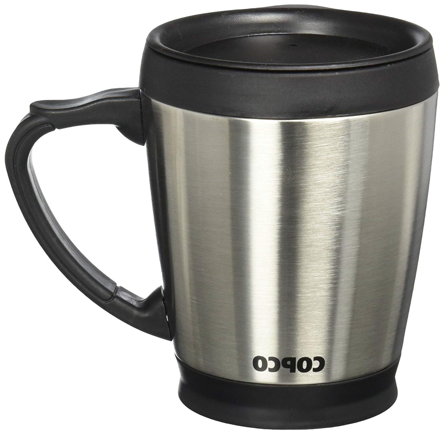 Copco Desktop 16 Ounce Stainless Steel Coffee Mug With Easy Grip Handle -  Silver w/ Black Lid & Base 2510-7313