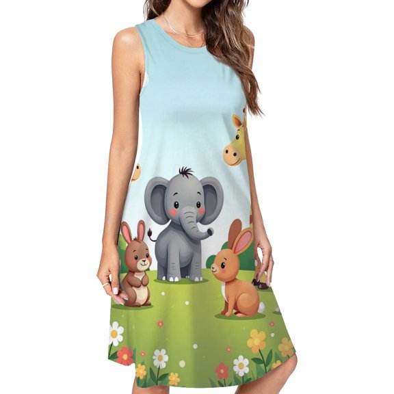 Cute Safari Animals In Garden Spring Summer Dresses For Women Fashion Dress Casual Sleeveless Loose Sundress With Pockets